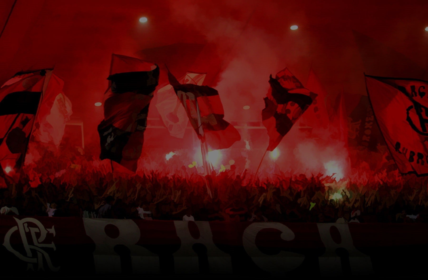 Torcida do Flamengo com bandeiras no estádio